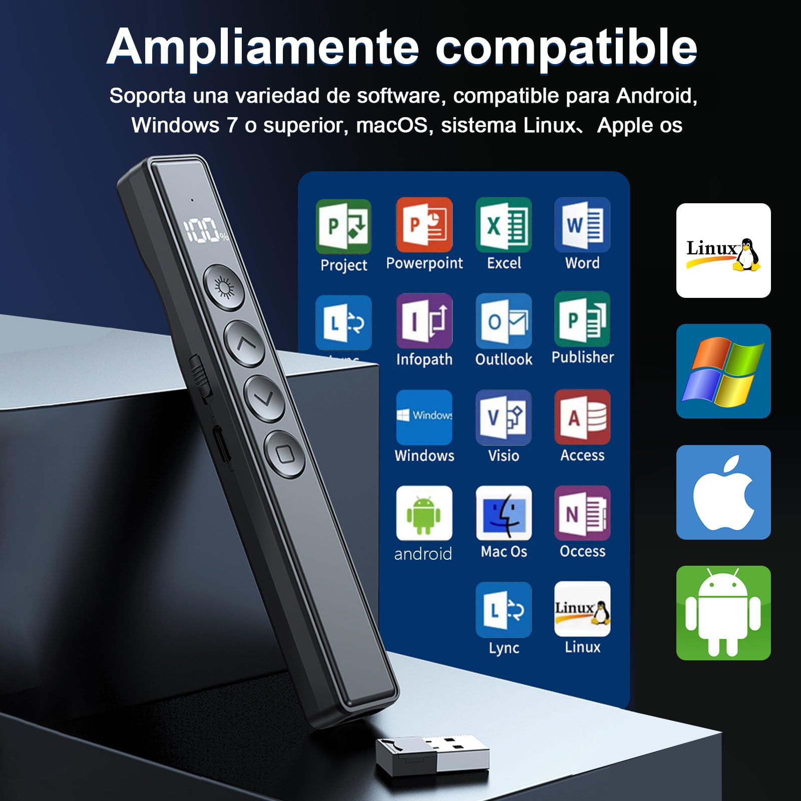 BJLBOJEY Presentador Inalámbrico de Diapositivas, Presentador de Diapositivas para Presentaciones, Pasapáginas con Láser 100M, Pantalla LED de Potencia y Receptor USB para Windows, MacOS, Android