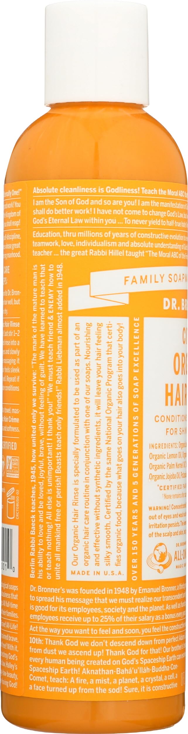 Dr. Bronner's | Acondicionador orgánico con ácido de cítricos, suaviza y desenreda el cabello, dejándolo manejable y brillante – 237 ml