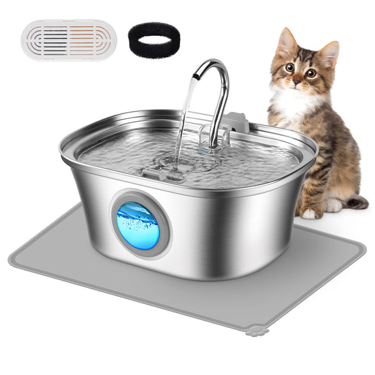 Fuente de agua para gatos con ventana de nivel de agua, fuente de agua para mascotas de 110 oz/3.2 l para gatos/perros en el interior, acero inoxidable 304, apta para lavaplatos con bomba de bajo ruido, sistema de filtración
