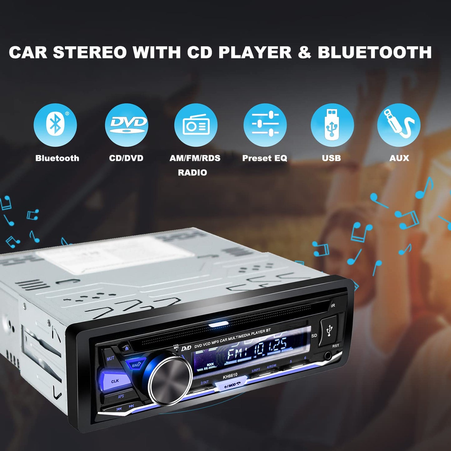 Alondy 1 DIN Auto Radio Autoestéreo Estéreo con Reproductor CD/DVD Bluetooth USB Am/FM Radio RDS