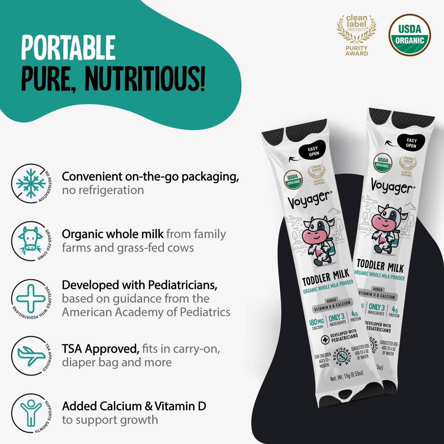 Voyager Milk Leche Voyager Para Bebés, Leche Entera En Polvo Orgánica Usda Estable, Ideal Para Viajes, Sin Refrigeración, Sin Gluten, Sin Omg Ni Antibióticos Para Niños, 16 Sobres De 15 G