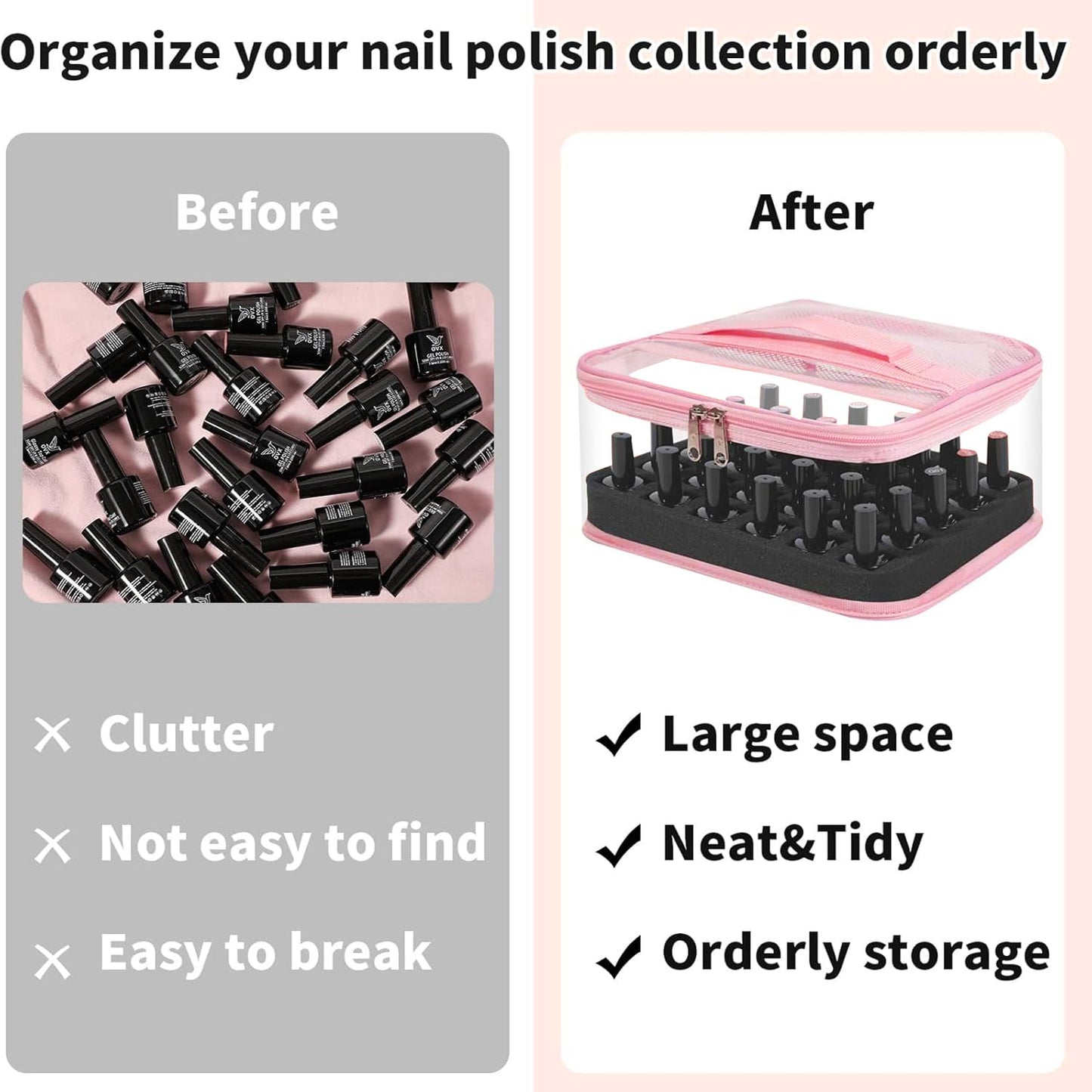Beloving - Organizador de esmalte de uñas transparente con capacidad para 30 botellas, estuche de esmalte de uñas de PVC, suministros de uñas transparentes con herramientas de manicura, secciones de