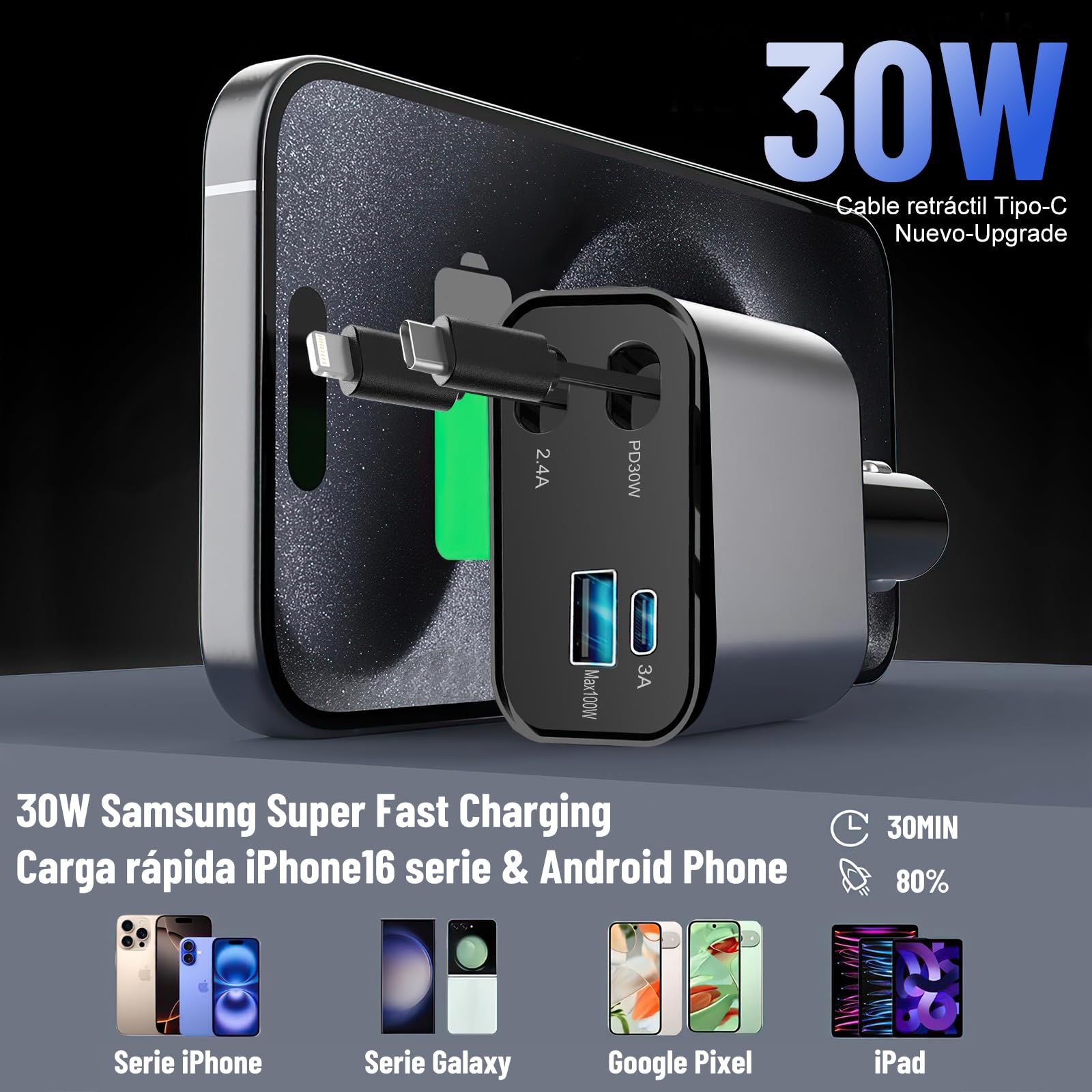 YCQYNHQ Cargador para Auto, Cargador USB C 4 en 1 de 100W+30W Carga Rápida, Cables retráctiles (80cm)y adaptador de cargador de coche de 2 puertos USB, Compatible con iPhone 16 15 14 13,Galaxy, Xiaomi
