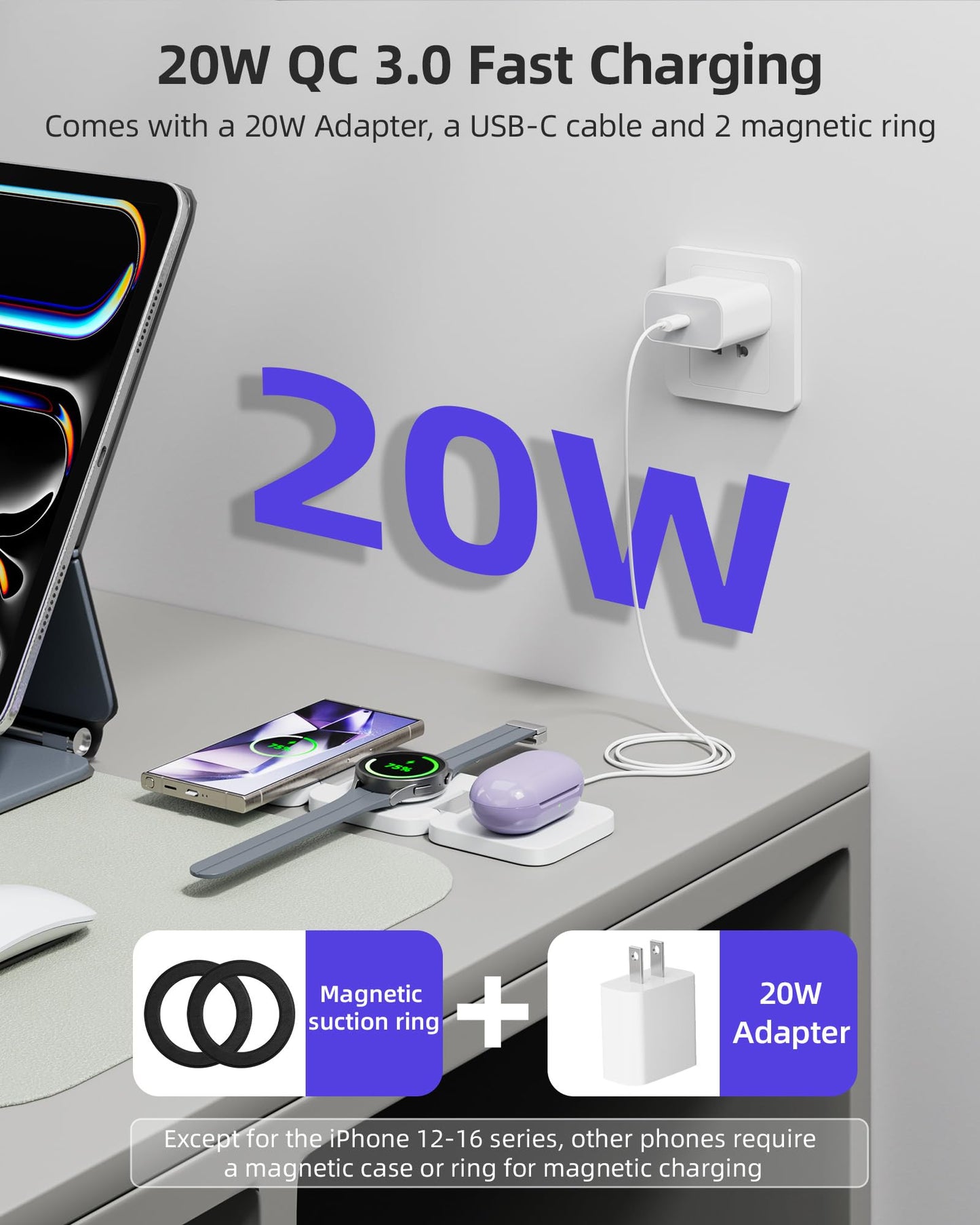 Estación de carga inalámbrica plegable 3 en 1 para Samsung, KU XIU X55 Ultra Magnetic Cargador de viaje para Galaxy S24 Ultra S23 S22 Note 20 Z Fold Flip 6 5, Galaxy Watch Ultra 7 6 5, Galaxy Buds,