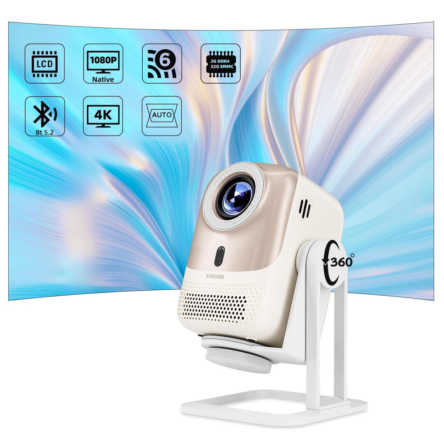 Kinhank Proyector inteligente con WiFi 6 y BT5.2, proyector de película portátil, 450 lúmenes ANSI, 4K nativo 1080P, enfoque automático y piedra clave automática, compatible con iOS/Android/HDMI