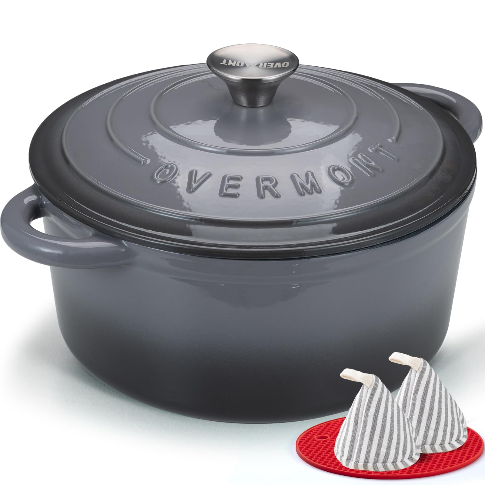 Overmont - Horno holandés de hierro fundido esmaltado, utensilios de cocina de 4.5 cuartos con tapa de algodón resistente al calor, olla esmaltada resistente con tapa para estofados, asar pan y