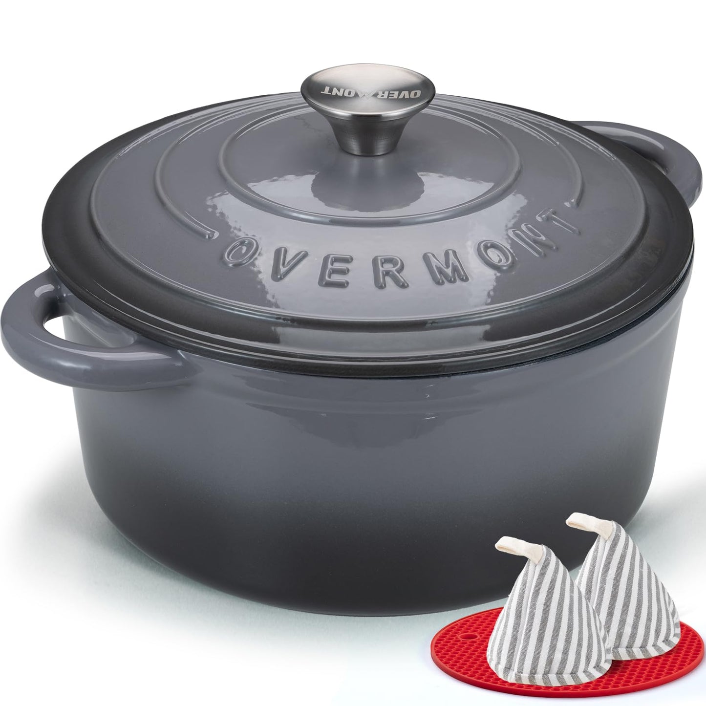 Overmont - Horno holandés de hierro fundido esmaltado, utensilios de cocina de 5.5 cuartos con tapa de algodón resistente al calor, olla esmaltada resistente con tapa para estofados, asar pan y