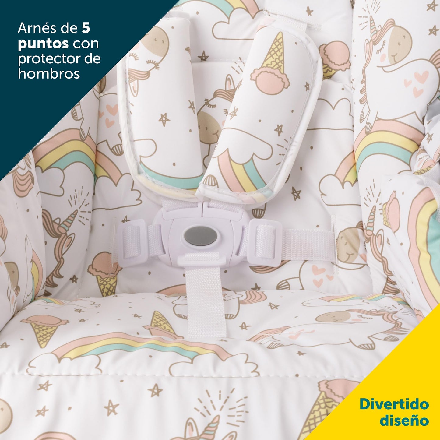 Safety 1st Silla Alta Periquera Tavola, Unicornios, 7 posiciones de altura, 3 de reclinación, reposapiés ajustable, doble charola, plegado compacto.
