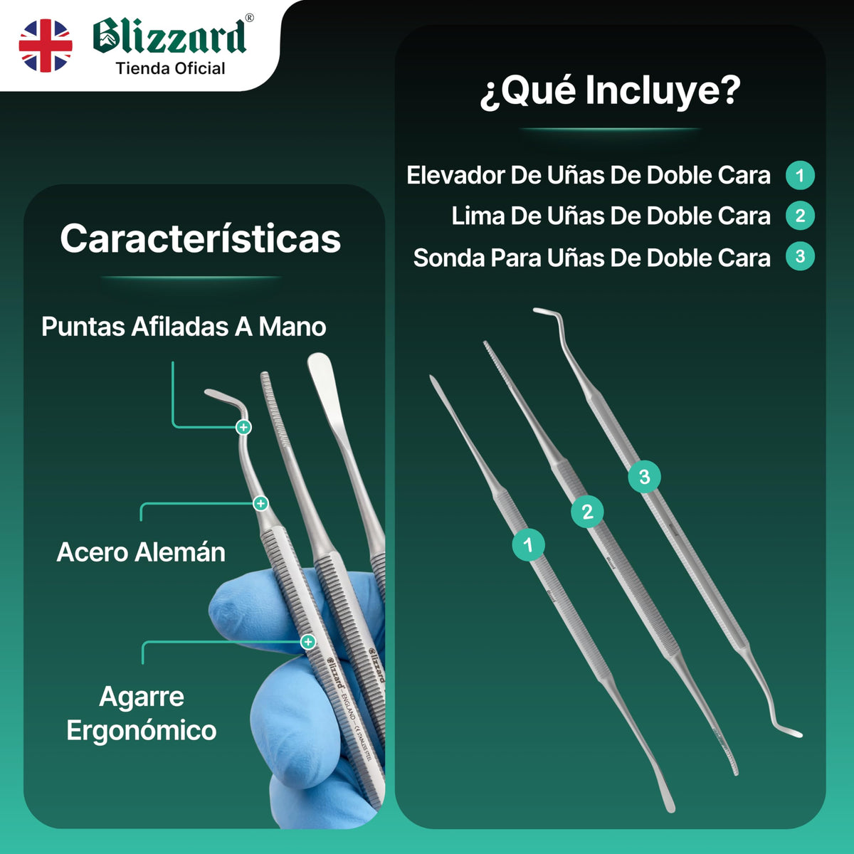 Blizzard Kit Pedicura Profesional 3 Piezas - Herramientas para Uñas Encarnadas y Delicadas - Utensilios de Acero Inoxidable Podología Limpiador Elevador Lima Doble Cuidado de Pies Premium