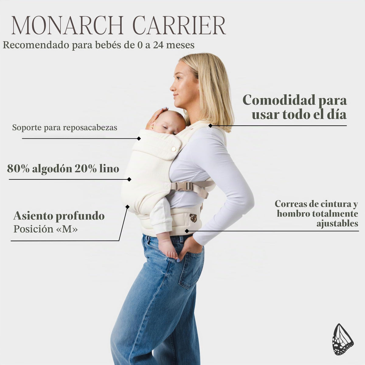 Mabē Monarch - Portabebés ergonómico de algodón de alta calidad, estructura suave, para recién nacidos a niños pequeños, diseño saludable para la cadera, 3 posiciones de transporte (7-35 libras