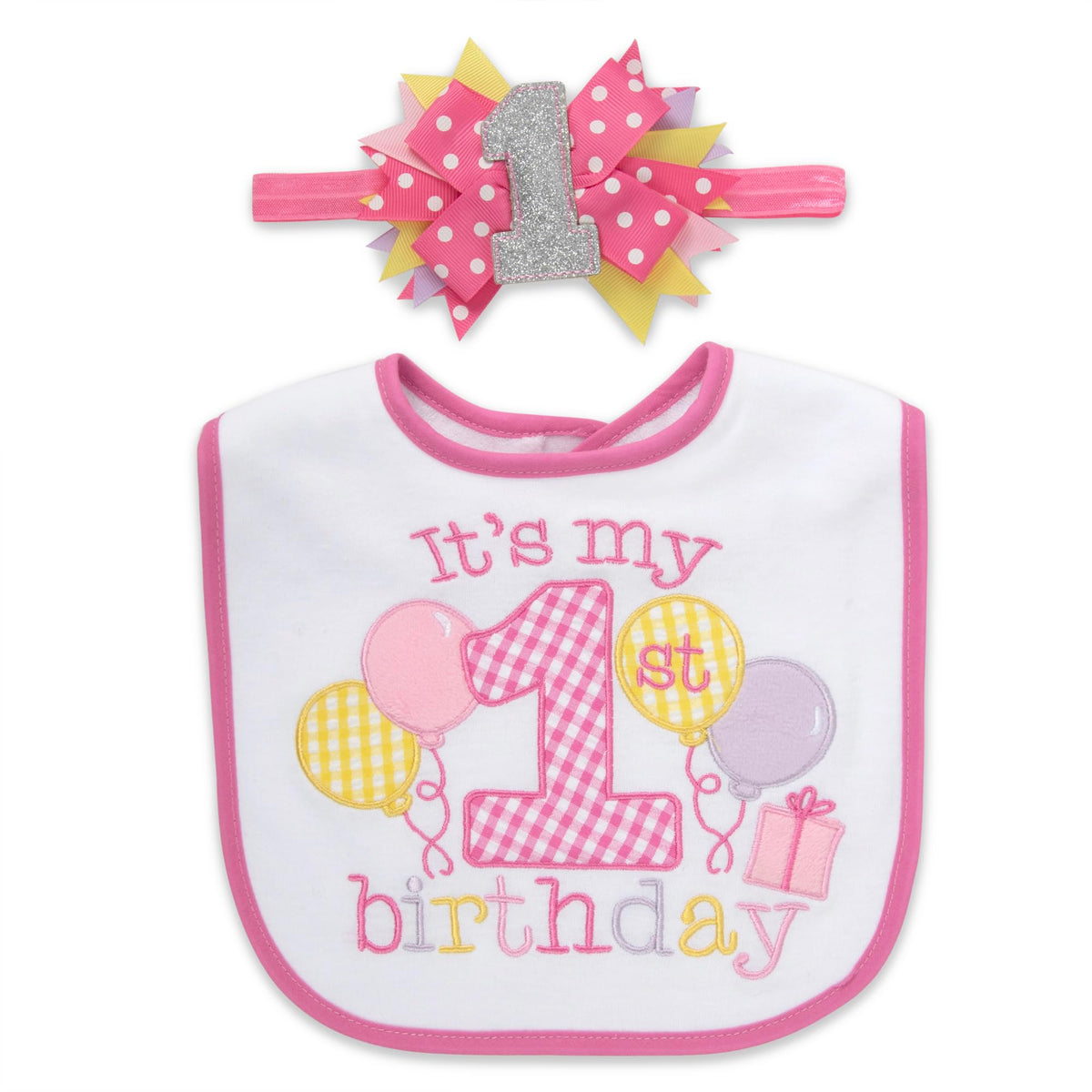 Baby Essentials - Juego de babero y diadema con lazo para el primer cumpleaños, accesorio para el primer cumpleaños, juego de regalo de fiesta rosa