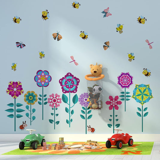 Calcomanías de Pared Florales con Mariposa, Abeja y Libélula Coloridas para Decoración de Habitación Infantil