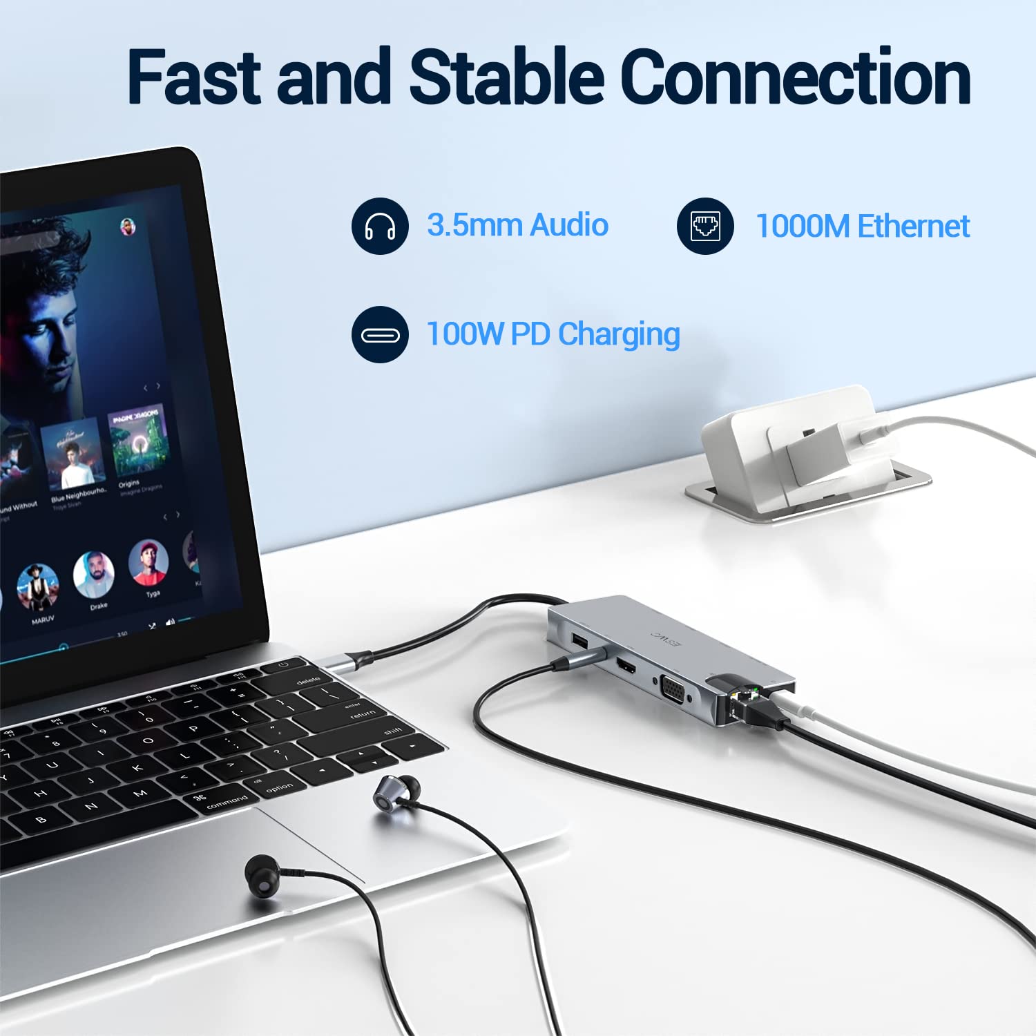 JESWO USB C Hub, 11 en 1 Adaptador Multipuerto Hub Tipo C con HDMI 4K, 3*USB 3.0, 2*USB 2.0, USB C 100W PD Carga, Ethernet de 1000 Mbps, Lector de Tarjetas SD/TF y VGA, Compatible con Macbook Pro/Air