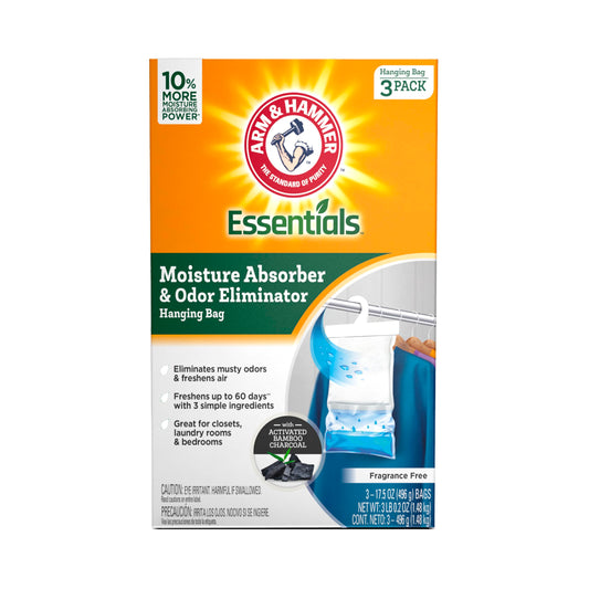 Arm & Hammer Essentials - Amortiguador de humedad y eliminador de olores, 17 onzas, paquete de 3, sin fragancia, absorbentes de humedad para armarios, lavaderos y dormitorios, frescura duradera