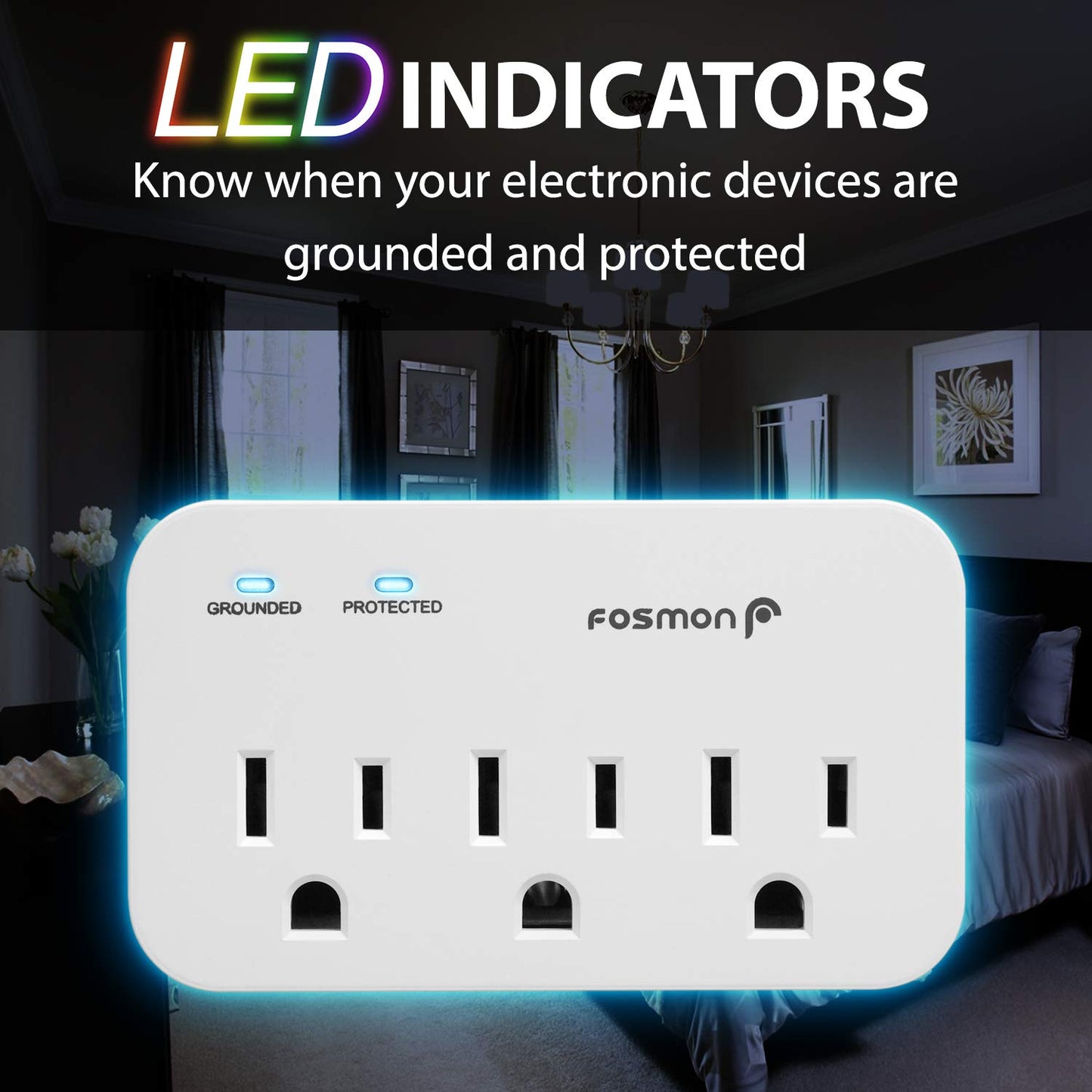 Fosmon - Protector de sobretensiones para refrigerador, 3 tomas, protector de sobretensiones para electrodomésticos de alta resistencia con altos julios para nevera, microondas, lavadora, puerta de
