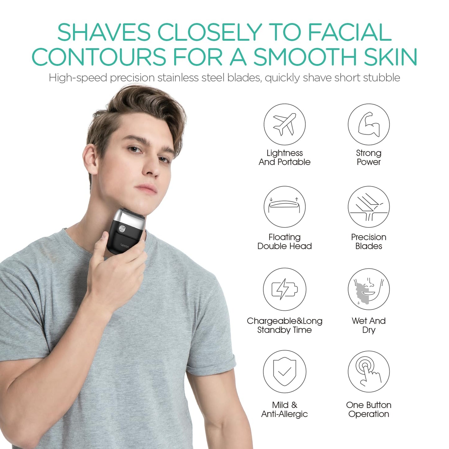 VOYOR Afeitadora Eléctrica para Hombre Portátil Uso en Seco y Húmedo Resistente al Agua IPX6 Doble Cuchilla Flotante 3D Ideal para Viajes Recortadora de Barba Ligera y Portátil ER300 (Plata)