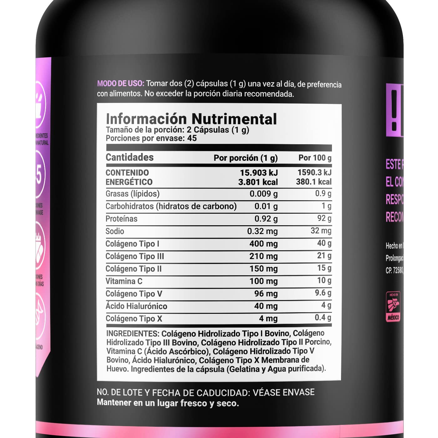 Colágeno Hidrolizado Tipo I, II, III, V y X de 90 Cápsulas 1000 mg por porción. Adicionado con Vitamina C y Ácido Hialurónico. Ingredientes Naturales. Collagen Blend I, II, III, V X B Life