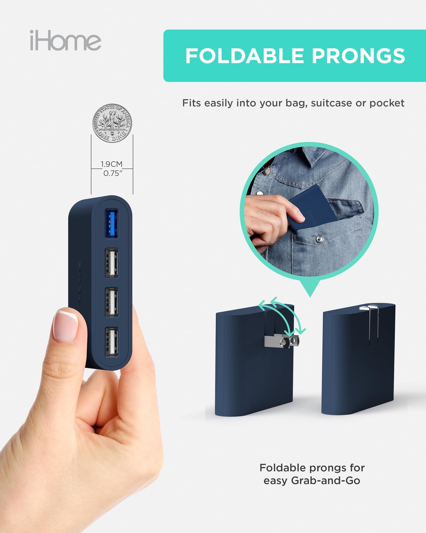 Cargador de Pared USB Slim iHome: Cargador USB Multipuerto AC Pro, Adaptador de Enchufe USB y Bloque de Carga para Teléfono, 4 Enchufes USB para Tomacorriente de Pared