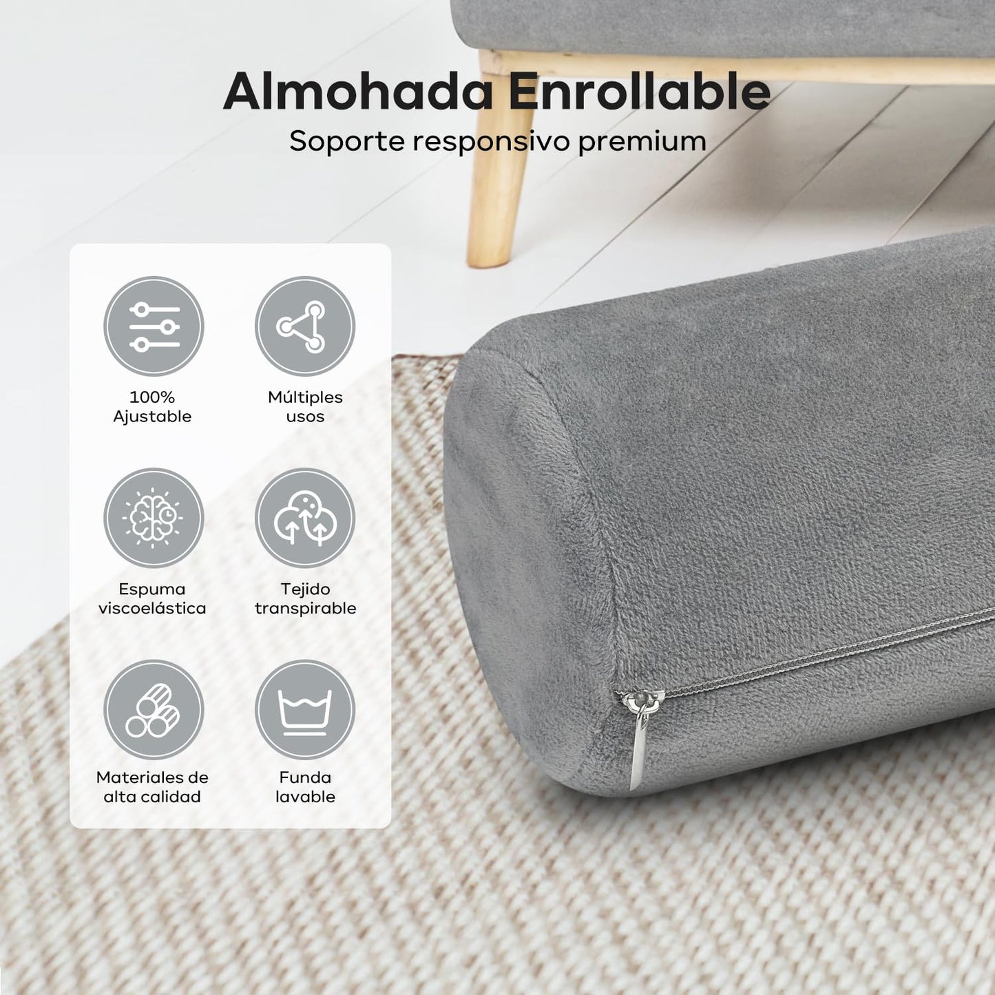 KAMYSEN Almohada Cuello Dormir, Almohada Cuello Espuma con Memoria Lavable, Alivio Dolor Cuello, Almohada Cilíndrica Multifuncional, Almohada Bolster para Cama, Piernas, Espalda y Yoga