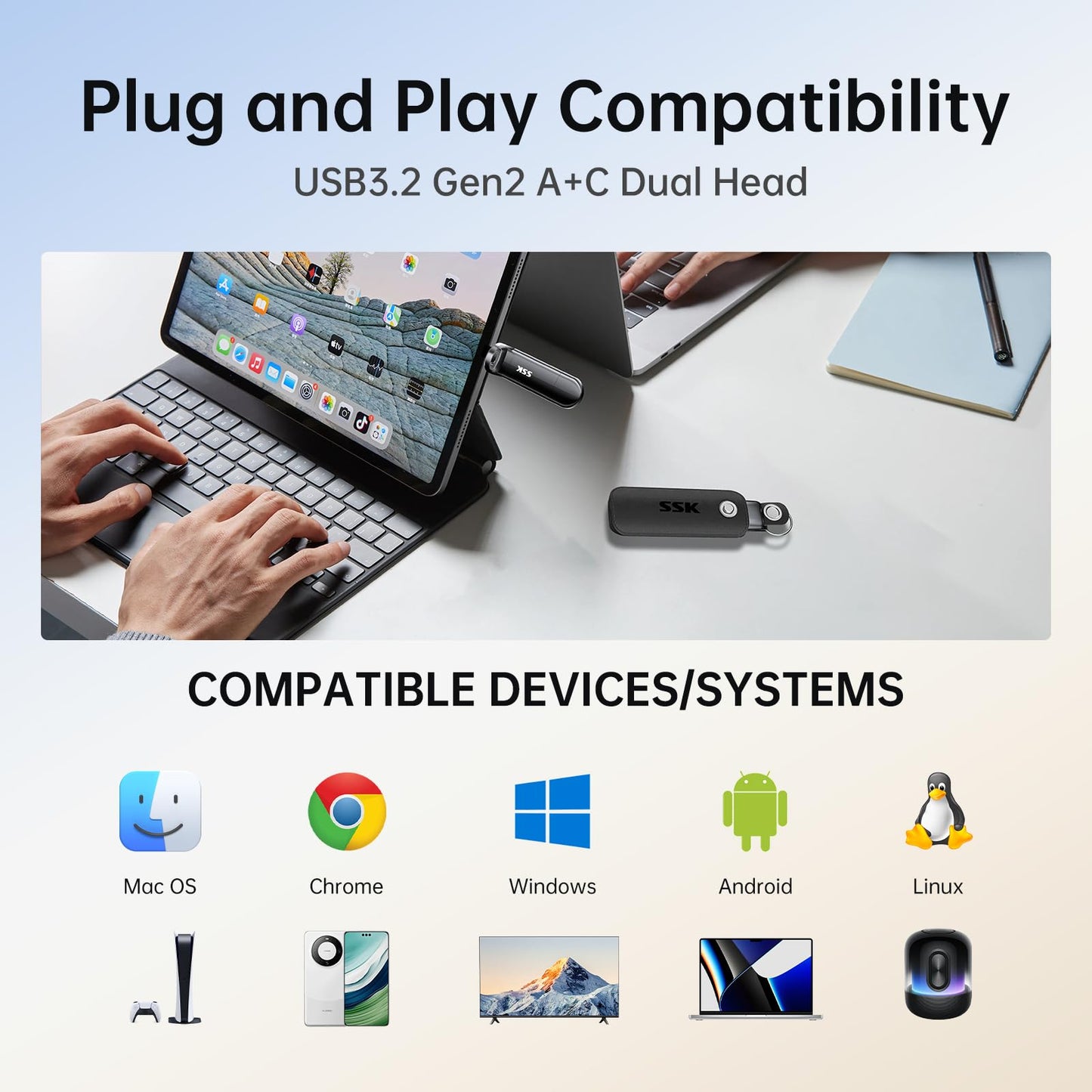 Disco Duro Externo SSD SSK Negro 2 TB USB 3.2 Gen 2 Tipo C y USB A