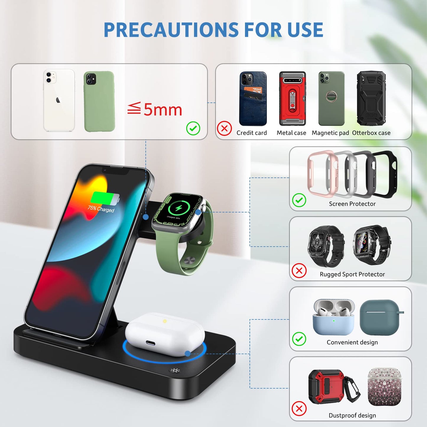 Carga Inalámbrico, 4 en 1 Estación de Carga Inalámbrico con 18W Qi Carga para iPhone 16/15/14/13/12/11,Samsung, Huawei, Airpods 3/2/Pro,Cargador Magnético de Reloj para Apple Watch 9/8/7/6/5/4/3/Ultra