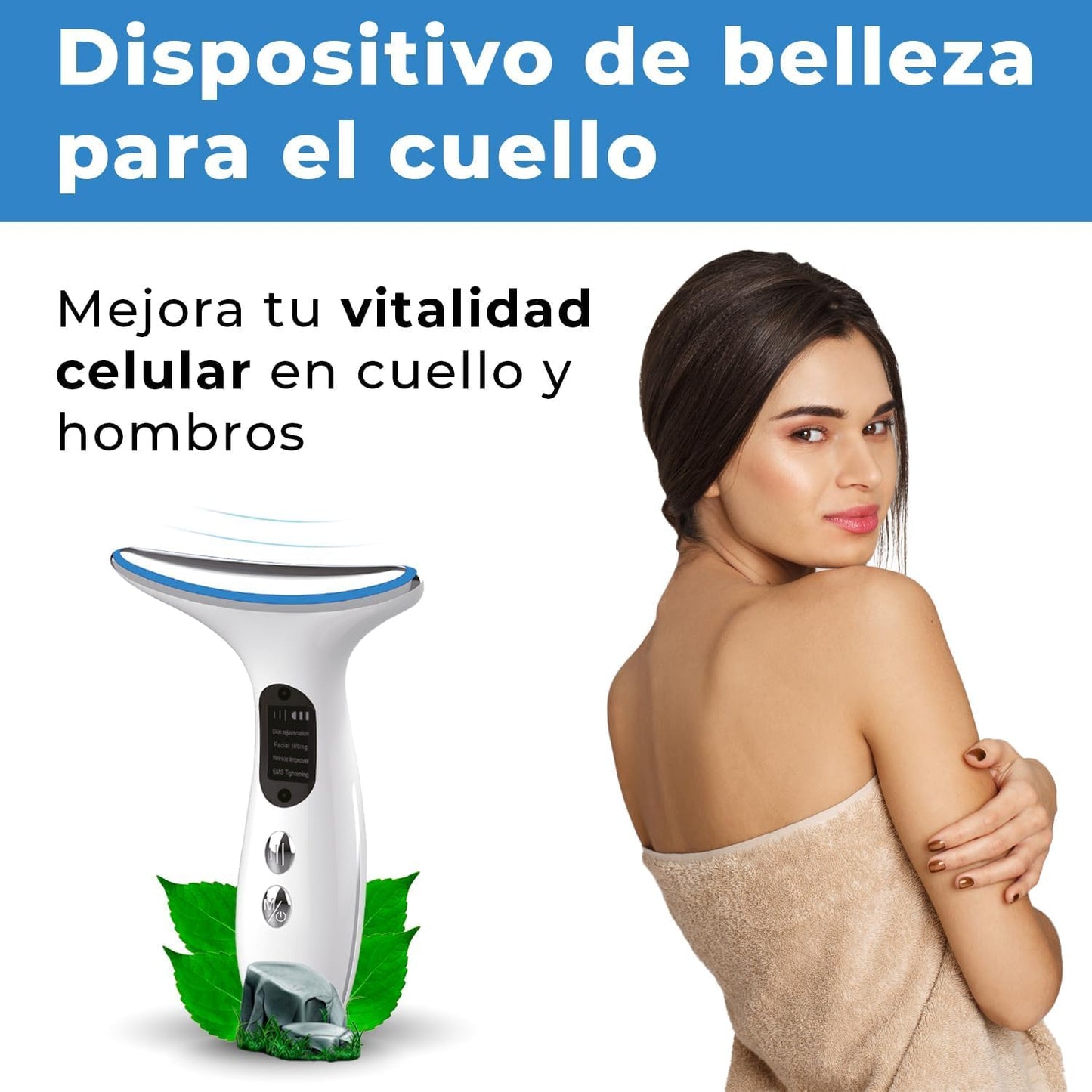 CLEOSKIN Kit Masajeador de Cuello con Fototerapia LED y EMS | Incluye 3 Serums Faciales (Vitamina C, Ácido Hialurónico con Niacinamida y Oro 24K, 30 ml c/u) | Antiedad, Hidratante y Reafirmante
