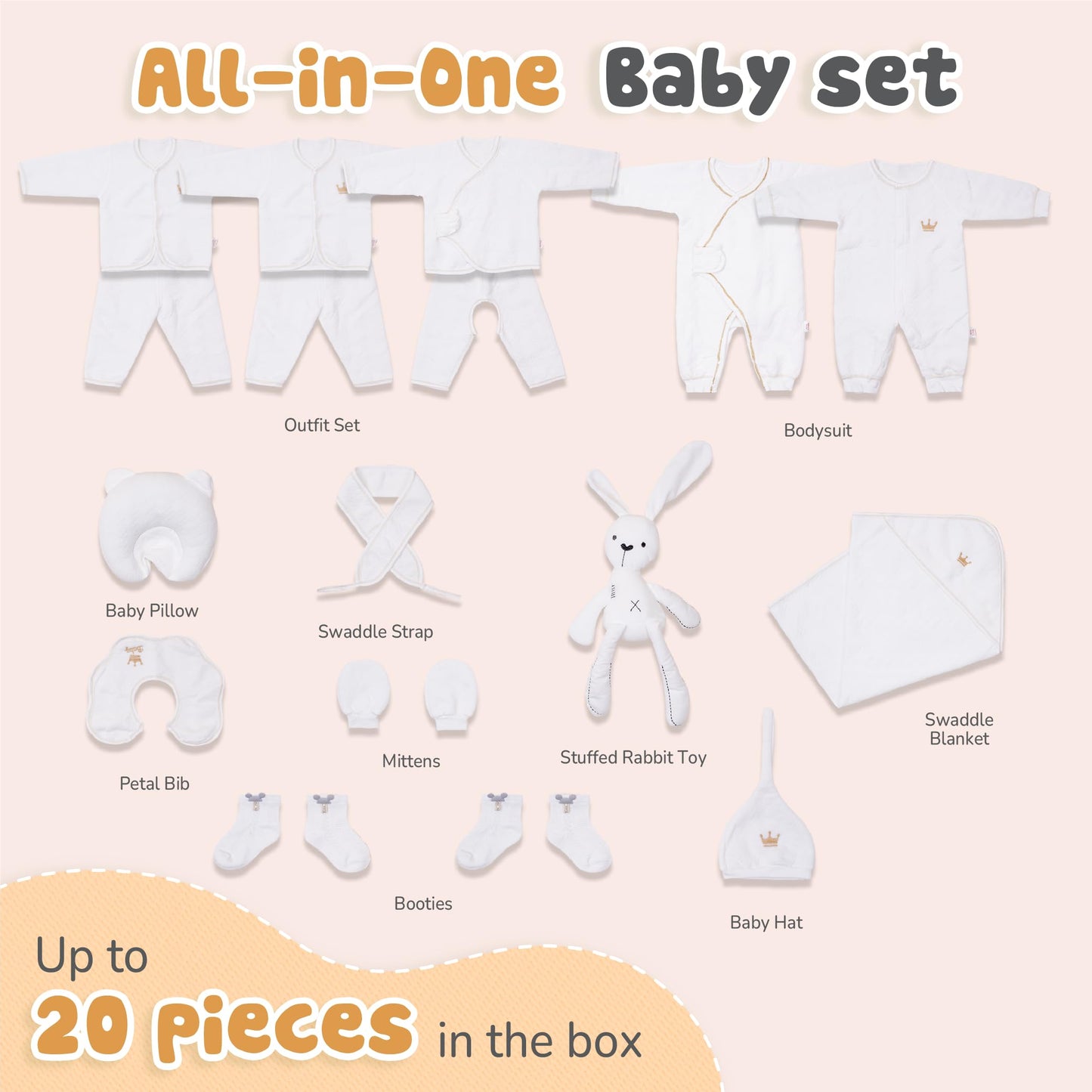 Juego de 20 piezas de conejo de algodón orgánico de invierno para bebé, cesta de lujo para baby shower, artículos esenciales para recién nacidos, unisex, 0-6 meses