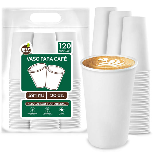 Berry Green Vasos Blancos para Café, Paquete de 120 Vasos, Resistentes, Perfectaos Para Cafe, Te y Todo Tipo de Bebidas Calientes, Biodegradables y Faciles de Apilar (20 Onzas)