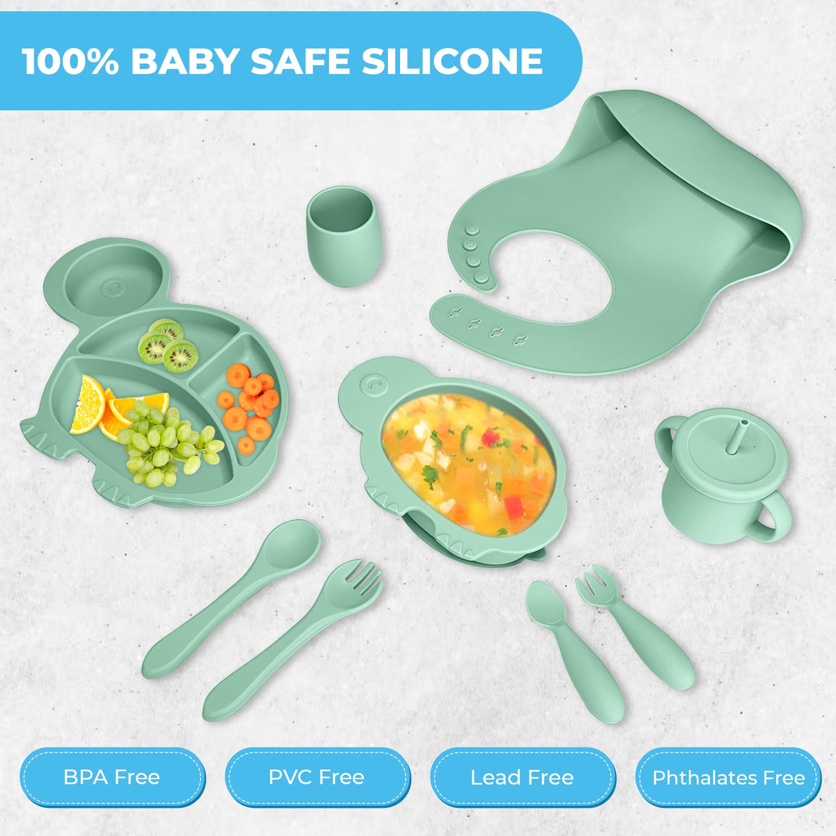 DELICADOU Set De Alimentación De Silicona para Bebés - 9 Piezas - Utensilios para La Primera Etapa De Alimentación De Alimentos Sólidos. A Partir De Los 6 Meses. Forma De Tortuga.