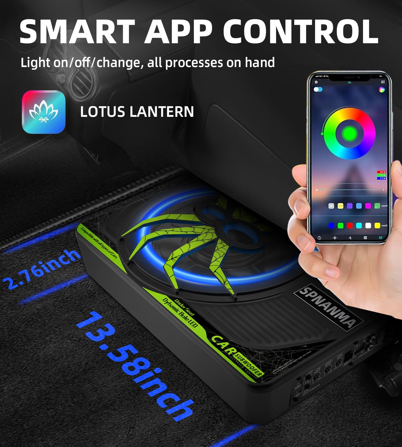 SPNANMA 2025 - Subwoofer y amplificador delgado de 1200 W, 10 pulgadas, para automóvil con luz ambiental, control individual para bajos pasos/ganancias/potenciación, graves de vibración envolvente de