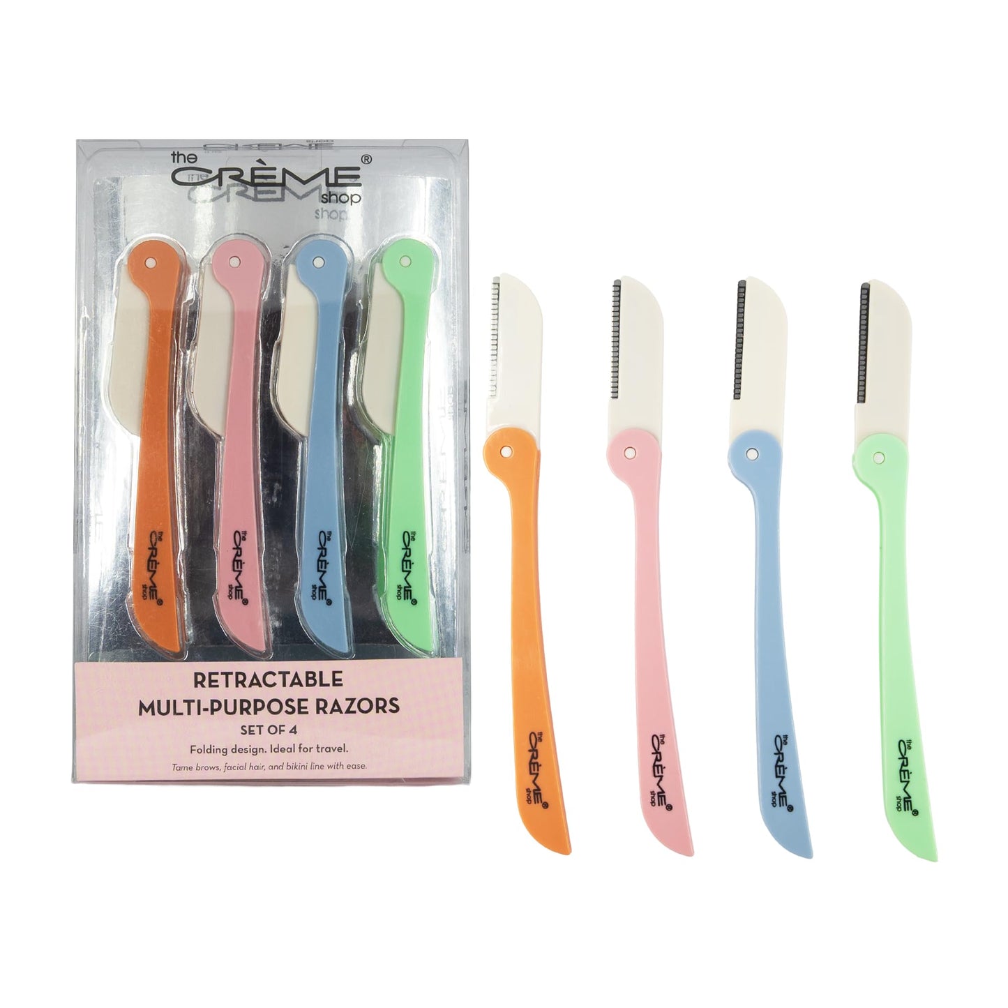 The Crème Shop Maquinillas de afeitar retráctiles multiusos para mujer – Juego de 4 maquinillas para rostro y cejas, herramienta para dermoabrasión | Artículos de aseo esenciales de tamaño viaje (colo