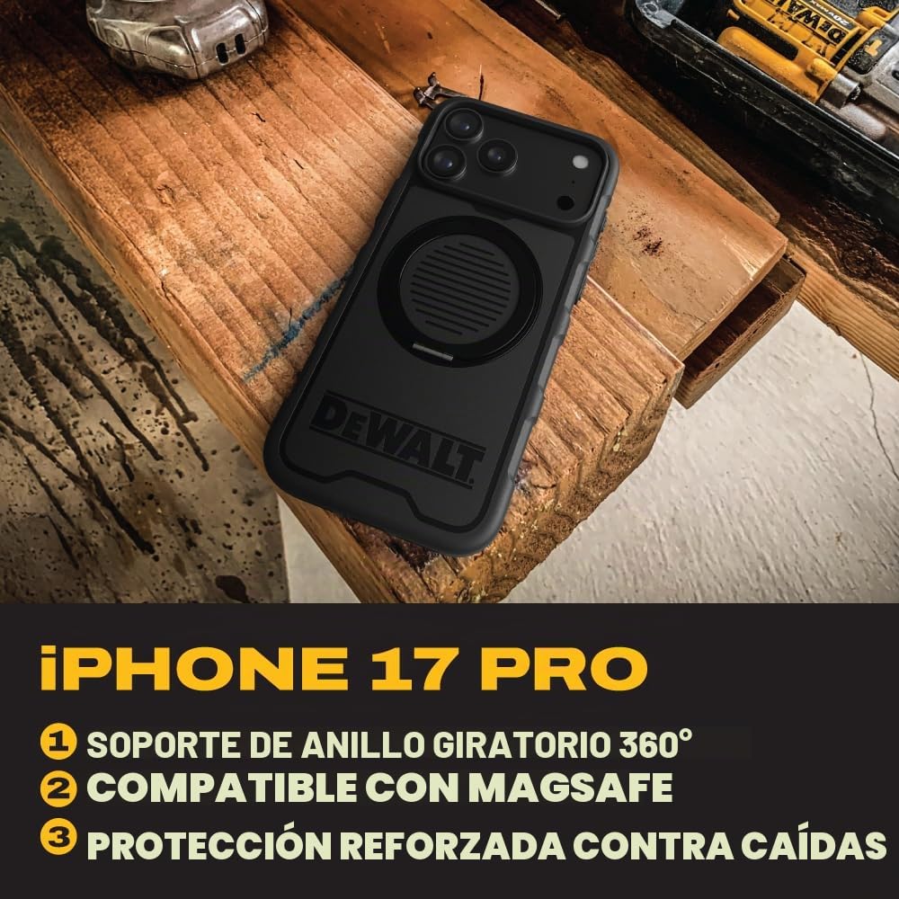 Funda Magnética DEWALT iPhone 18/17 Pro con Soporte Giratorio, Resistente y Antigolpes para Hombre
