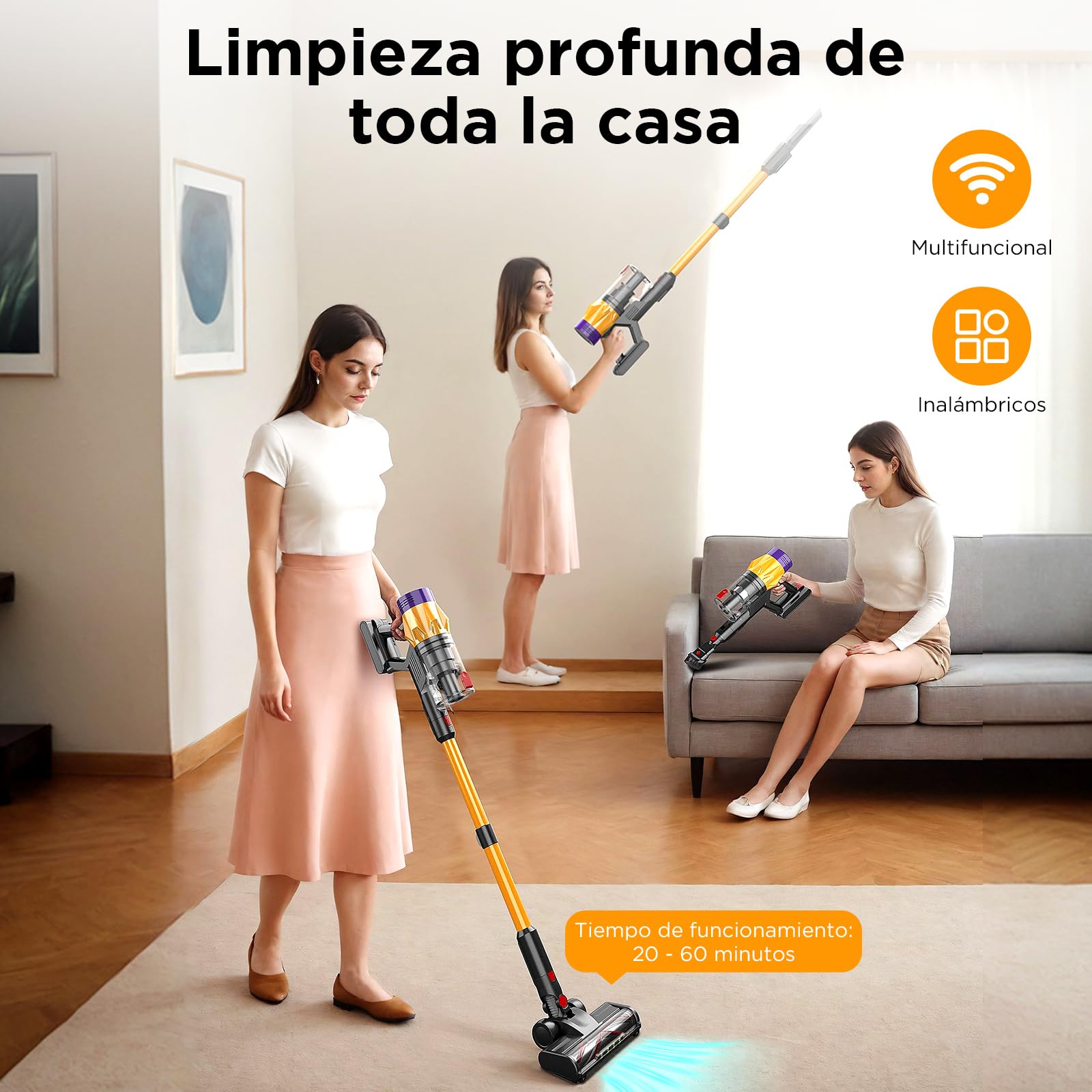 8 en 1 Aspiradora Inalambrica V18,50KPa/550W/60min,180° Plegables,Aspirador Vertical con Pantalla Táctil,1.5L Capacidad,3 Niveles Ajustables,Aspiradoras con Accesorios,para Alfombras/Suelos Duros/Pelo