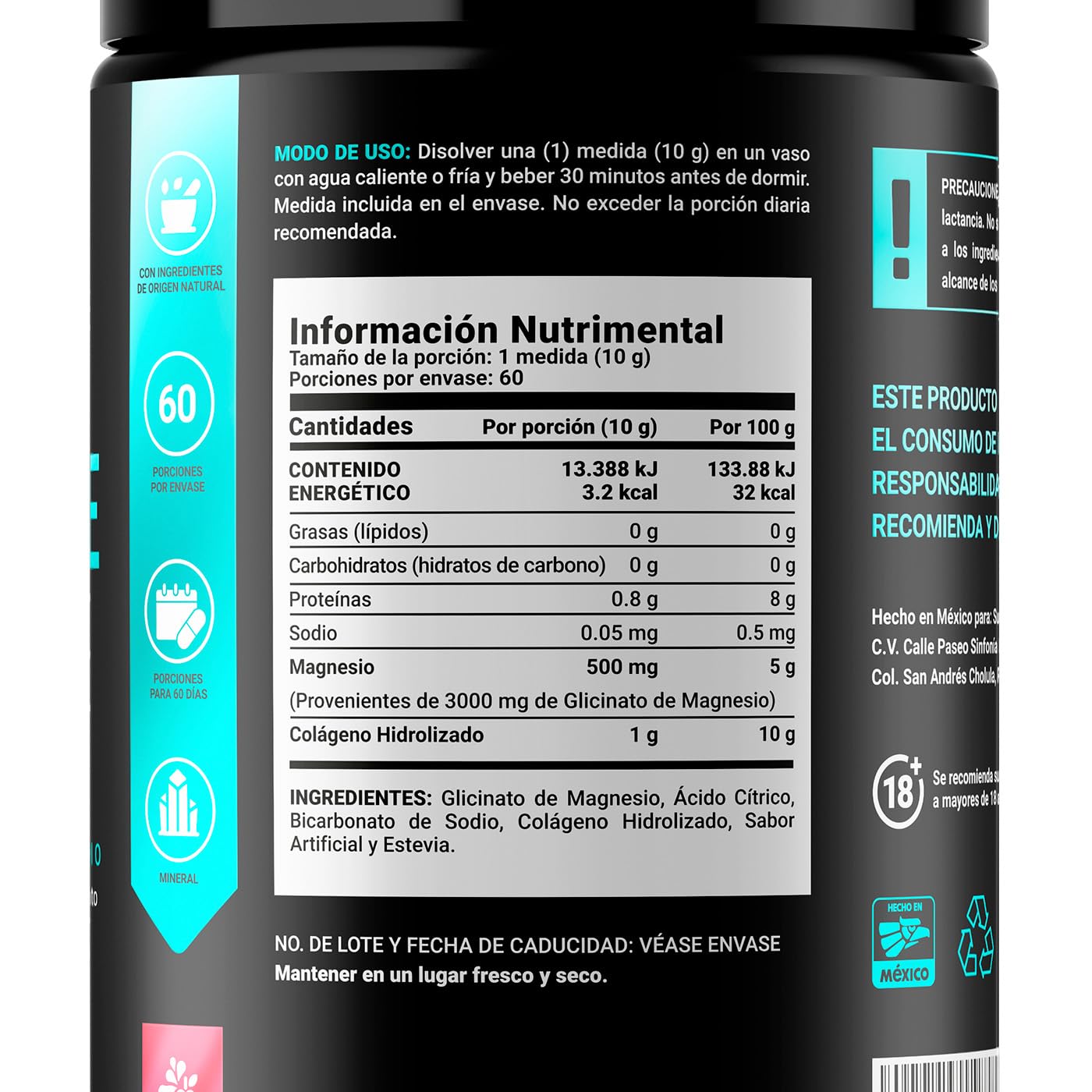 Glicinato de Magnesio en Polvo 60 Porciones Sabor Raspberry Lemonade. Glycinate Mag 600 Gramos. B Life