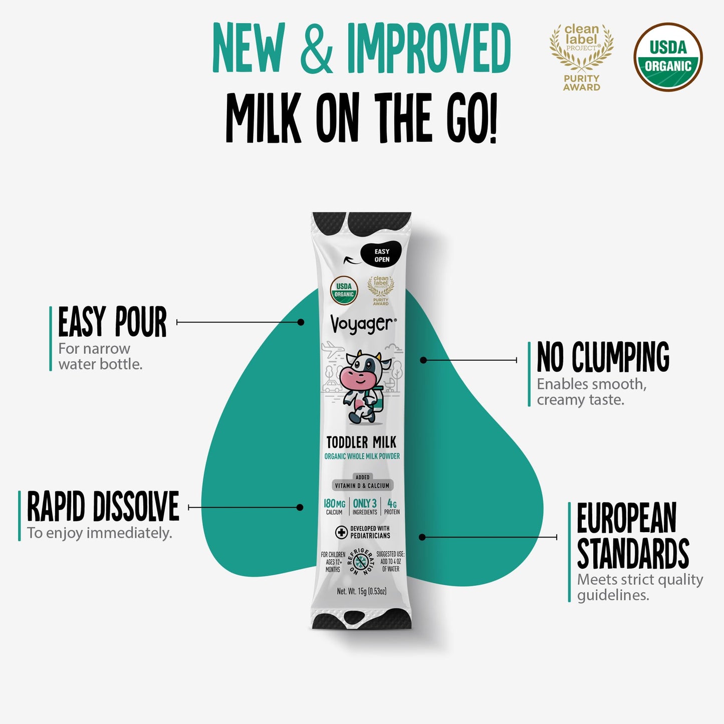 Voyager Milk Leche Voyager Para Bebés, Leche Entera En Polvo Orgánica Usda Estable, Ideal Para Viajes, Sin Refrigeración, Sin Gluten, Sin Omg Ni Antibióticos Para Niños, 16 Sobres De 15 G