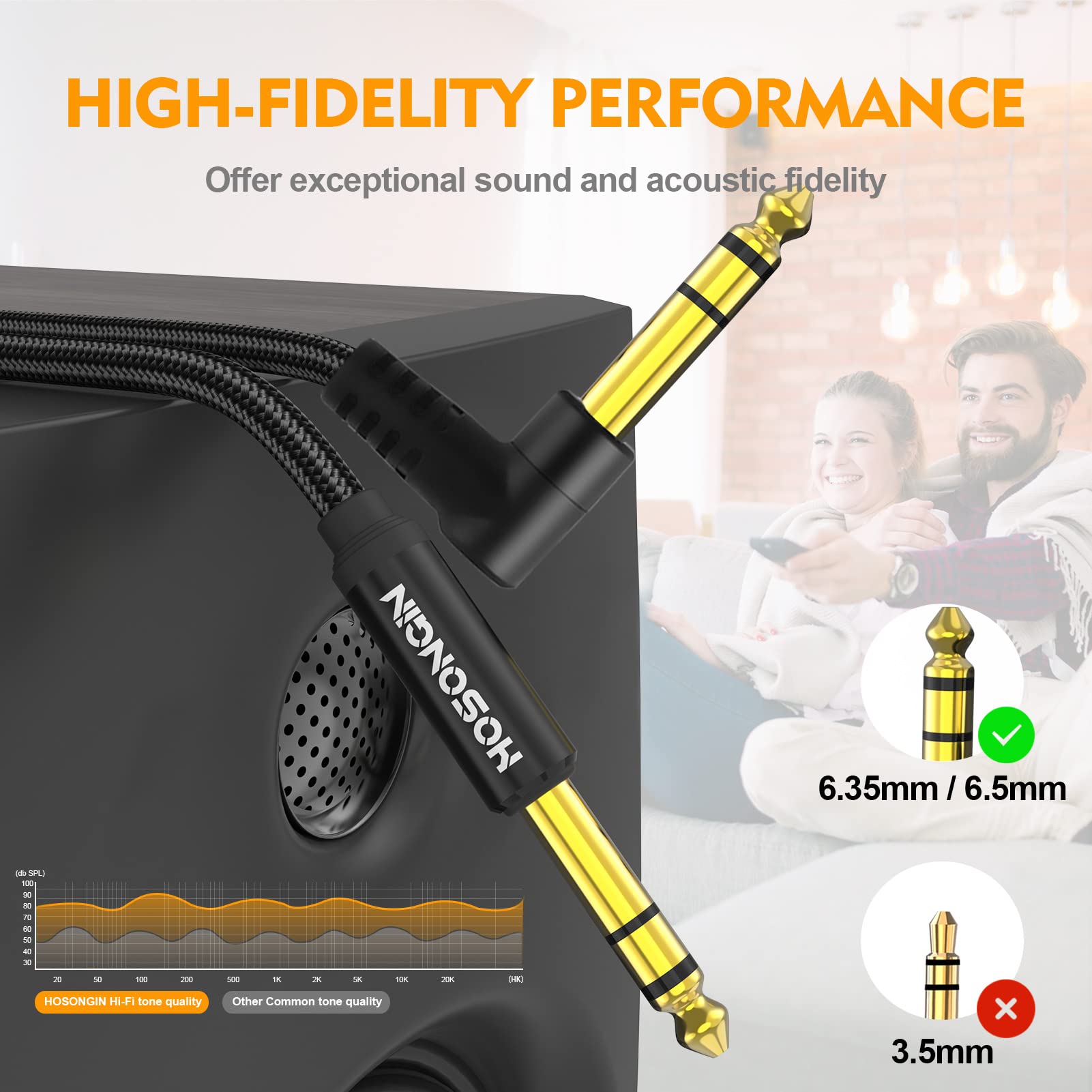 HOSONGIN Cable de instrumento TRS de 1/4 pulgadas, paquete de 2 unidades, de ángulo recto a recto de 6,35 mm, cable de audio estéreo masculino, línea de interconexión equilibrada para guitarra