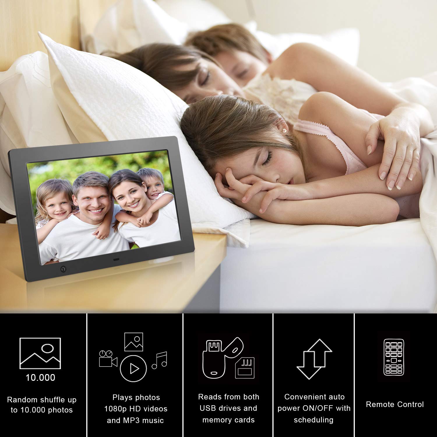 FLYAMAPIRIT - Marco de fotos digital de 10,1 pulgadas con sensor de movimiento y rotación automática, 180° HD IPS, música de fondo, calendario, control remoto