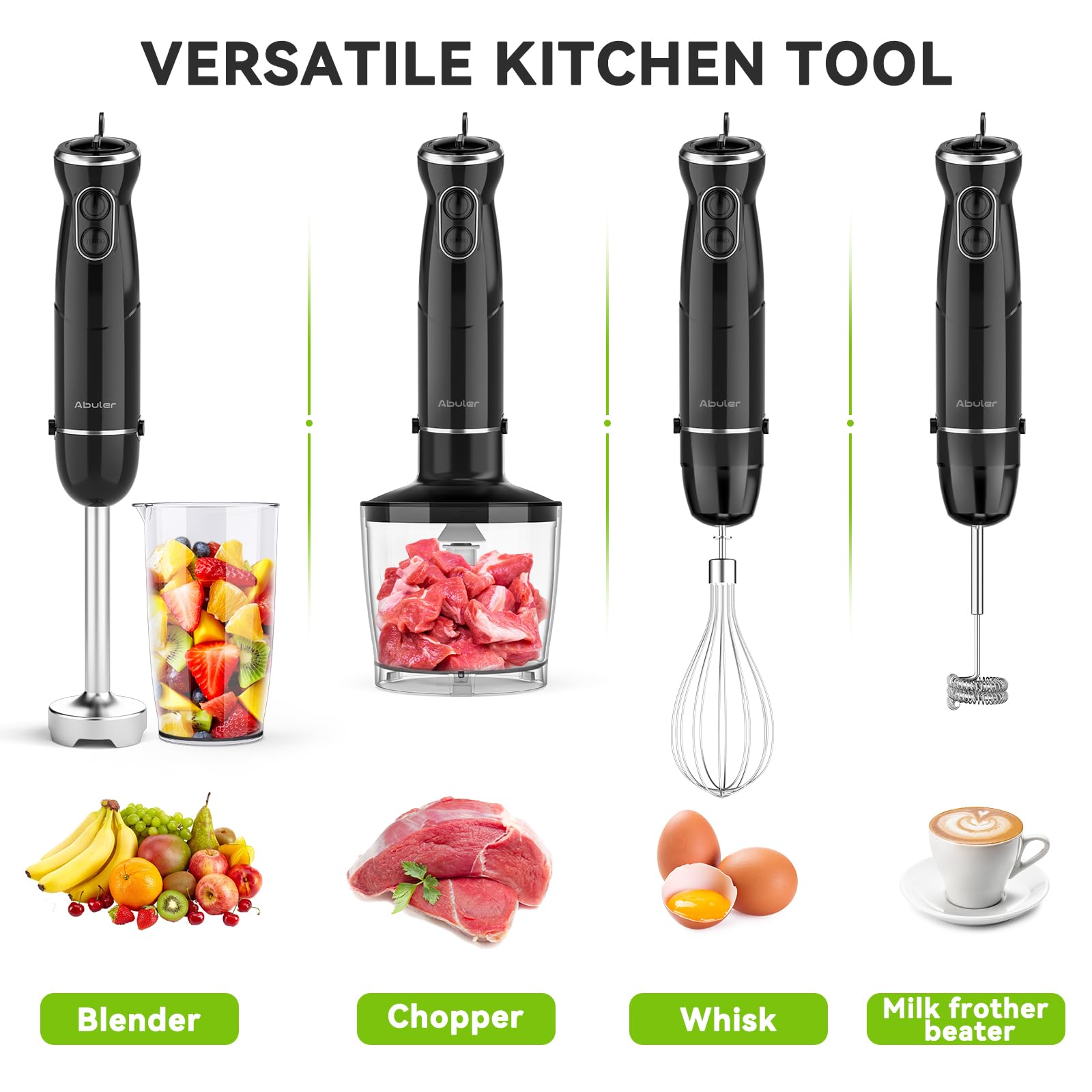Batidora de mano de mano de 1000 W, mezclador de mano 5 en 1, sin BPA, licuadora de mano de 12 velocidades 304, acero inoxidable, mezclador, picador, batidor, espumador de leche, sopa, batidos,