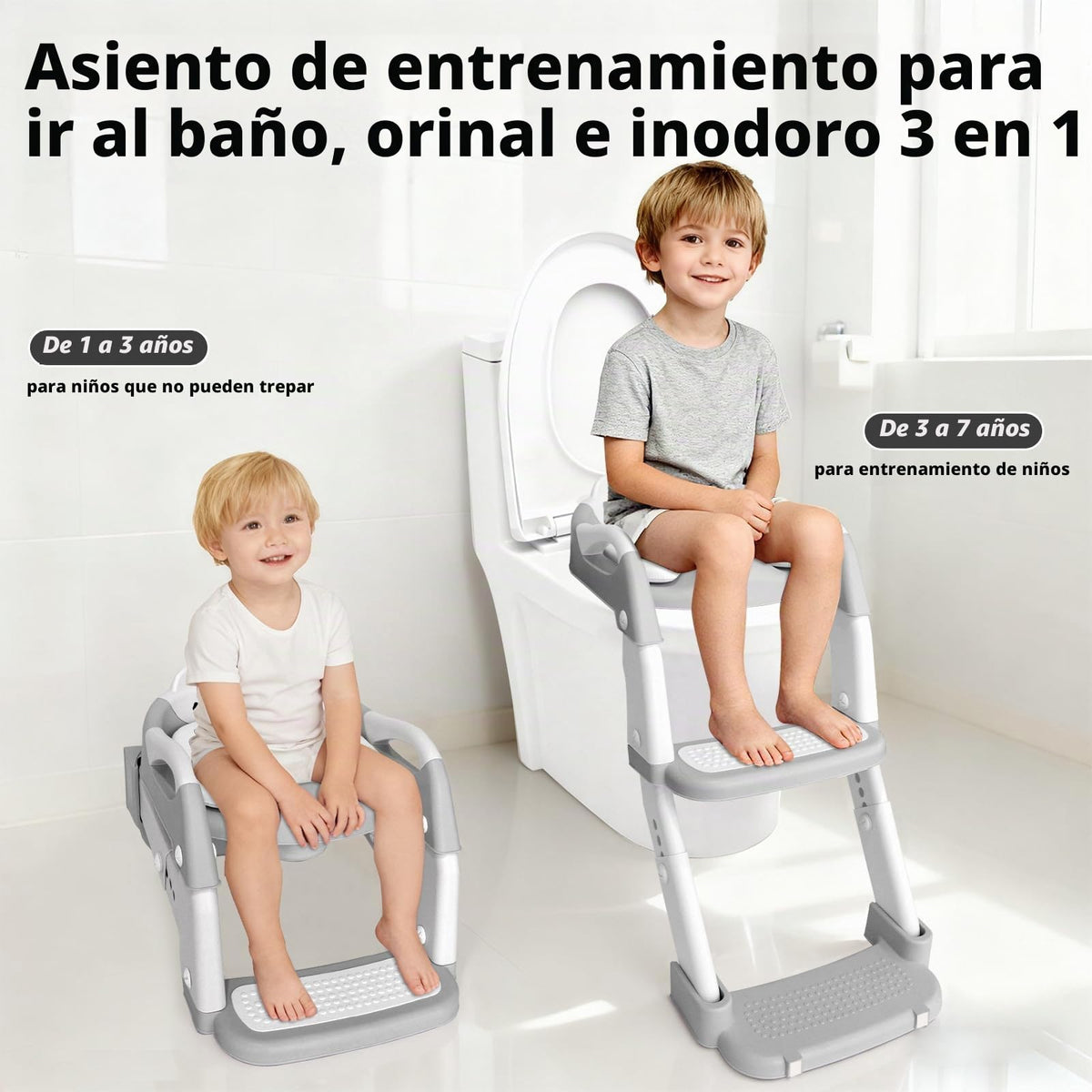 Asiento de entrenamiento para ir al baño, asiento de inodoro para niños y niñas, inodoro 3 en 1 con taburete de escalón, antideslizante plegable (gris + blanco)