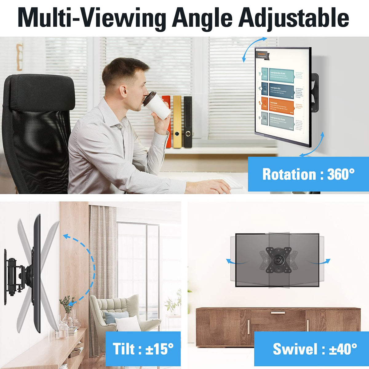Soporte de Pared VESA para Monitor TV Negro con Rotación Giratoria de Inclinación