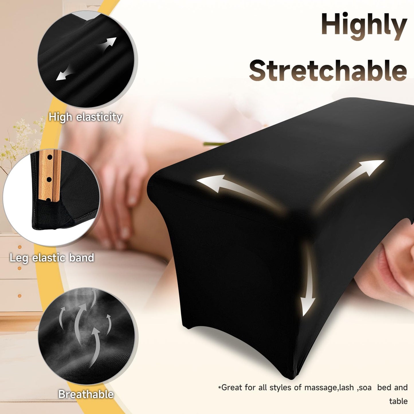 Funda elástica para cama de pestañas, funda negra para mesa de masajes, hecha de 90% poliéster y 10% elastano, juego de sábanas de spa sin olor para cama de extensión de pestañas o mesa de masajes