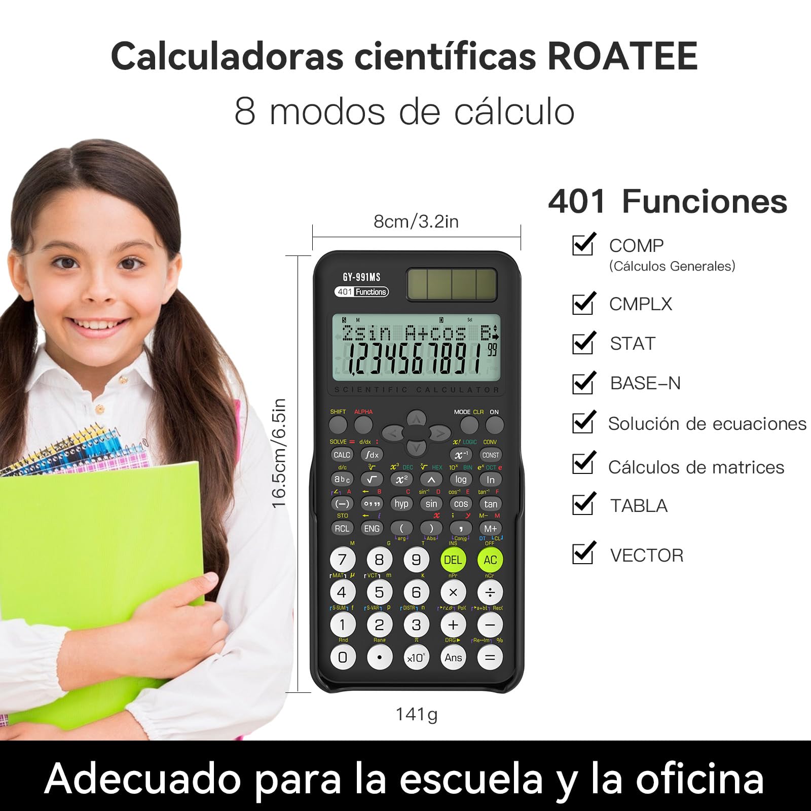 Calculadora Científica ROATEE Negra con 401 Funciones y Pantalla de Dos Líneas