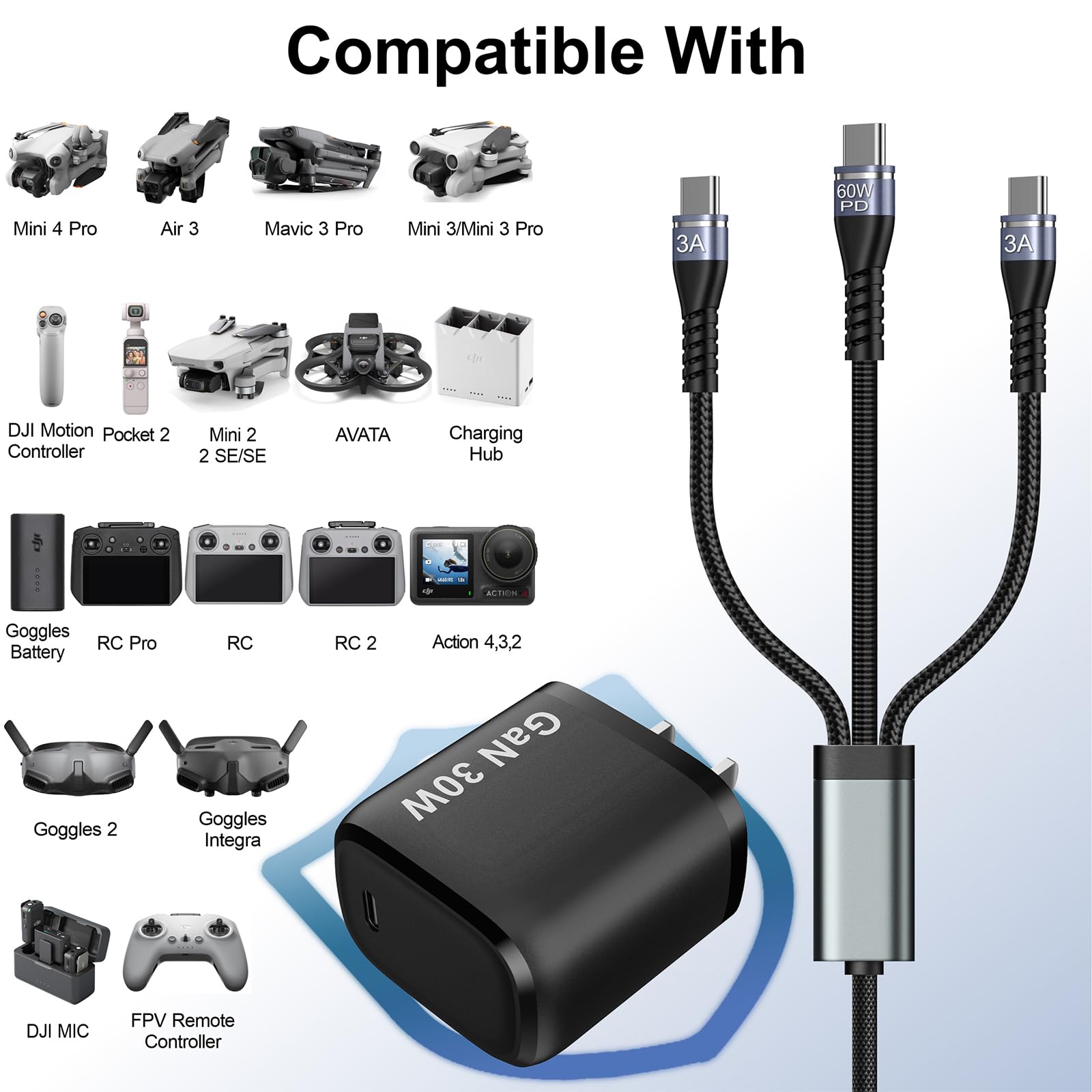 Cargador Rápido PD 3 en 1 USB-C de 30 W para DJI Neo, Mini 4 Pro, 4K, 3 Pro/3, 2 SE, Avata, Avata 2, Air 3, Air 2S Drones - Cargador de Pared Tipo C para Accesorios de Drones