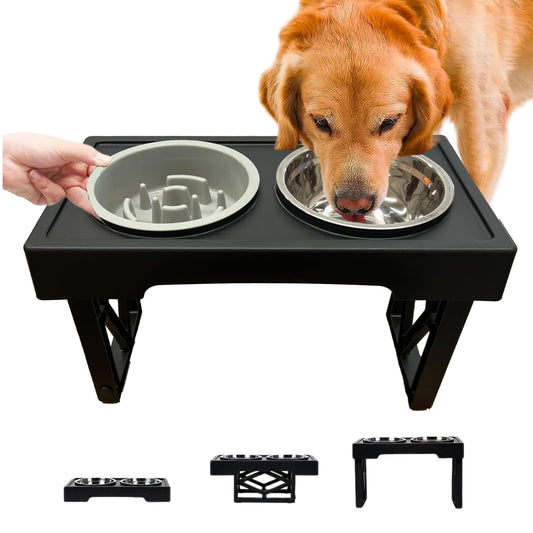 Fastpet Comederos Elevados para Perro y Gato - Comedero para Perro Ajustable Configuraciones, con Plato para Perro de Alimentación Lenta, Tazone Bebedero Acero Inoxidable de 1,6 L y Plato Slow Feed