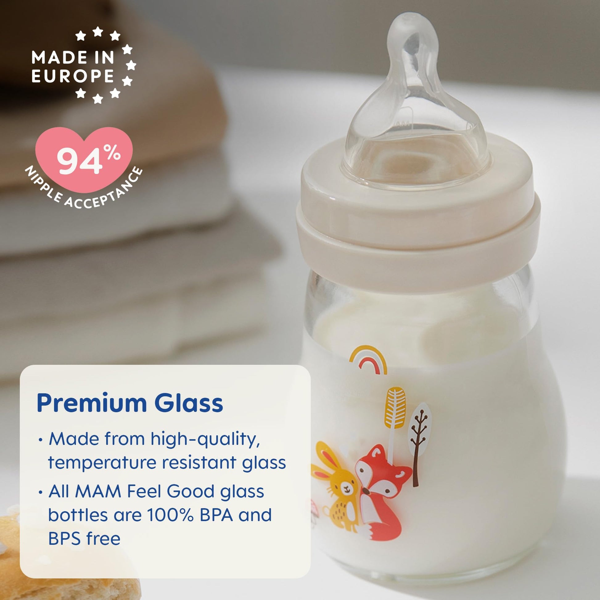 MAM Feel Good - Biberones de vidrio de alta calidad, fácil cambio entre pecho y biberón, 9 onzas, 0+ meses, unisex, 1 paquete