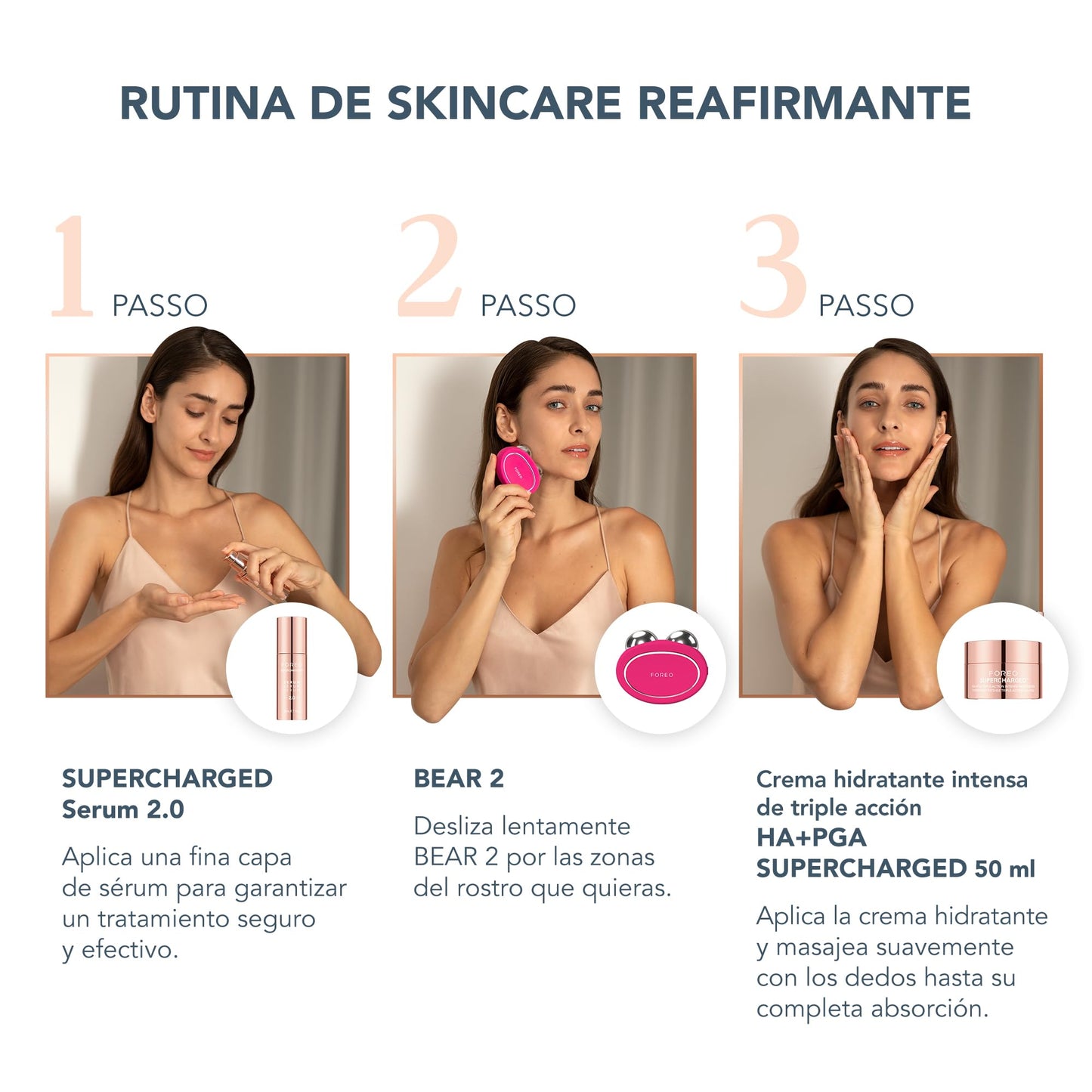 FOREO Set Total Facelift - BEAR Masajeador facial de microcorrientes - Radiofrecuencia facial + SÉRUM 2.0 30 ml + Crema hidratante triple acción HA+PGA 15 ml - Ácido hialurónico - Fuchsia