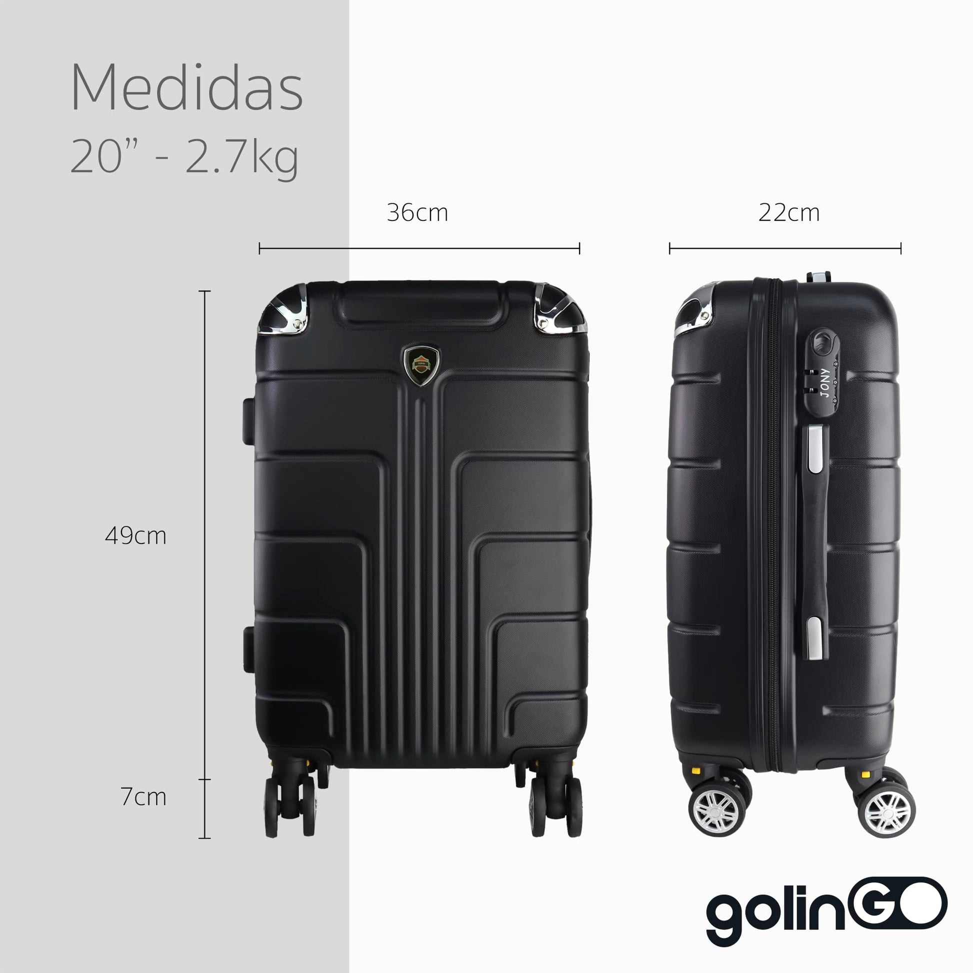 Maleta de Mano JONY Carry On Rigida Resistente Ruedas Giratorias 360 Mango Expandible ABS Candado de Seguridad (NEGRO)