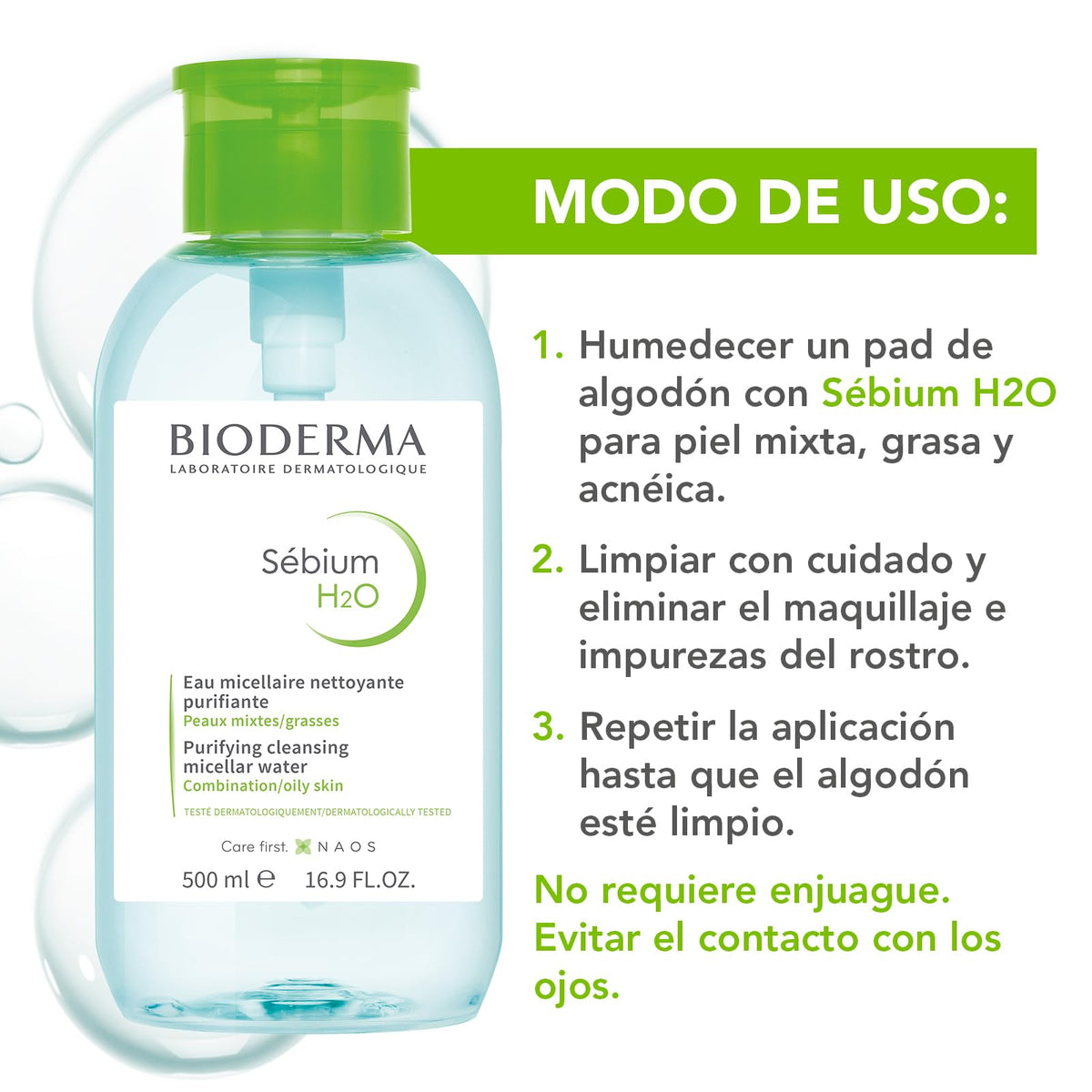 BIODERMA, Agua Micelar, Sébium H2O Pump, Desmaquillante para Piel Grasa, Remueve Impurezas y Controla el brillo, 100ML