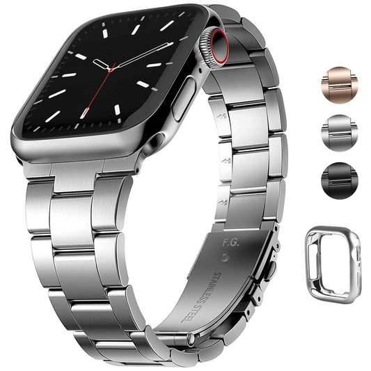 Correa Metálica Wutwuk Plateada Acero Inoxidable para Apple Watch con Uso Fácil Ajusta Longitud sin Herramienta y Funda Protectora