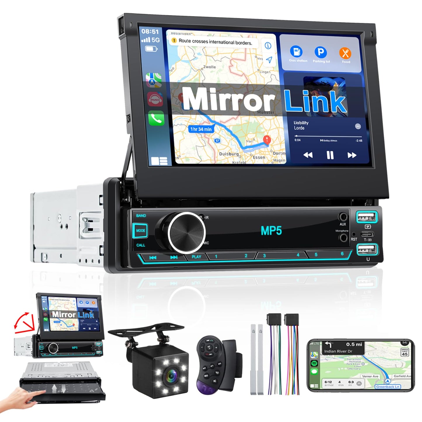 HIMICAR Estereo Retráctil 7 Pulgada con Enlace Espejo Autoestéreo Reproductor MP5, Bluetooth 5.0, Entrada Auxiliar, Radio FM, USB, TF, Cámara de Visión Trasera